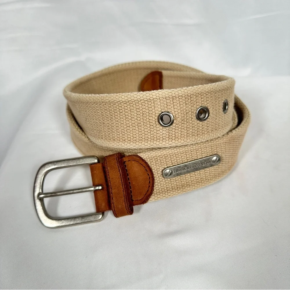 Fossil Utility Gear Khaki Canvas Web Belt with Cognac Leather Trim size 38